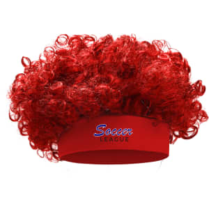 A red curly headband wig with an attached band featuring a logo.