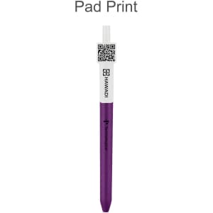 A purple click pen with a white top featuring a QR code and a logo.