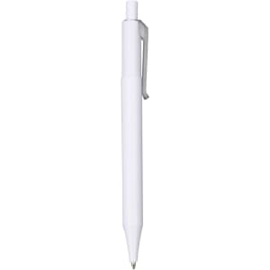 A white pen with a click-action mechanism and a pocket clip, featuring a plain barrel design.