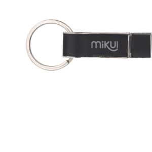 A black flash drive with a silver keyring and a logo, featuring a sleek, rectangular design.