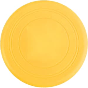 A yellow silicone frisbee with a smooth surface and circular shape. It features a logo at the centre.