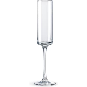 A straight champagne flute in clear glass with a tall, slender stem and a wide bowl. It features a logo.
