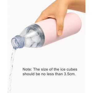 A drink bottle in pink with a transparent lid, being poured with water. It has a logo on the side.