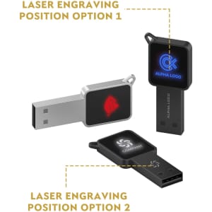 A square lighting flash drive in black and silver with a logo, featuring two laser engraving options.