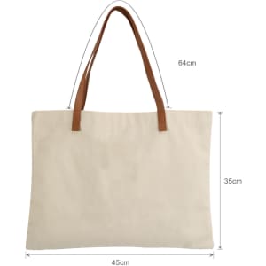A canvas bag with leather straps, featuring a cream colour, measuring 64cm x 45cm x 35cm. Includes a brand logo.