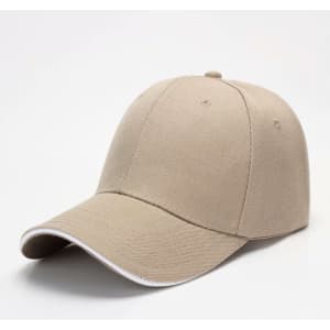 A beige 6-panel cap featuring a curved brim and a logo on the front. Ideal for casual wear.