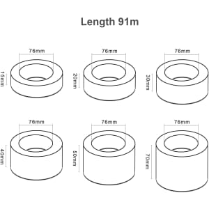 Rolls of BOPP white packaging tape in various widths, each measuring 91m in length. The image features six tape rolls.
