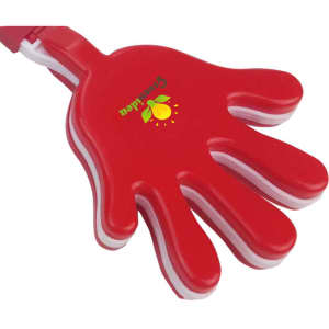 A red hand clapper with white accents and a logo, featuring a hand shape designed for noise-making.