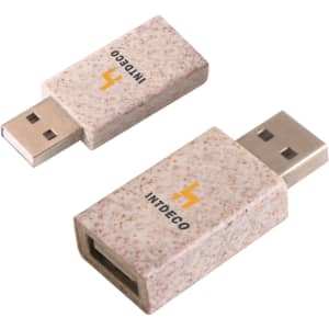 A Wheat Straw USB Data Blocker in beige, featuring a logo, showing both sides of the device.