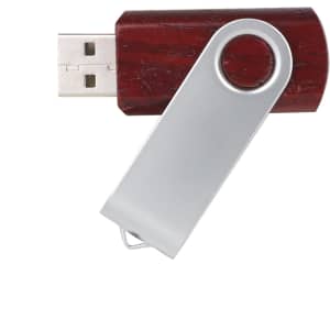A metal swivel flash drive with a wooden casing in a rich brown colour. Features a silver swivel mechanism.