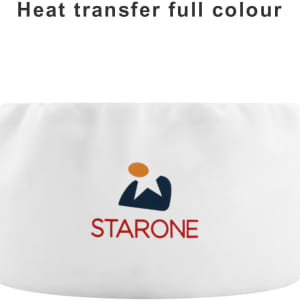 A white chef skull cap with a logo featuring a coloured design.