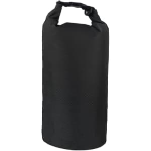 A black Oxford cloth dry bag with a secure top closure and an adjustable strap. It features a logo.