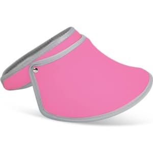 A pink visor hat with a grey trim, featuring a logo and designed for sun protection.
