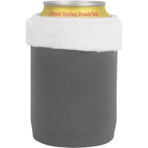 A grey stubby holder with a white fur trim designed for beverage cans. It features a logo on the top.