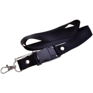 A black lanyard with a clip and buckle, designed to hold a flash drive securely.