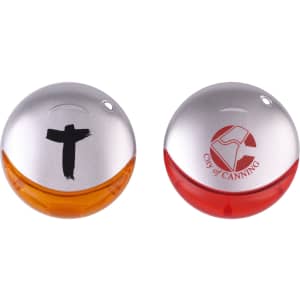 Two round flash drives in silver and vibrant orange and red, featuring distinct designs and a logo on one.