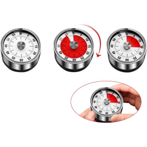 A set of three mini magnetic visual timers with stainless steel edges and red and white dials.