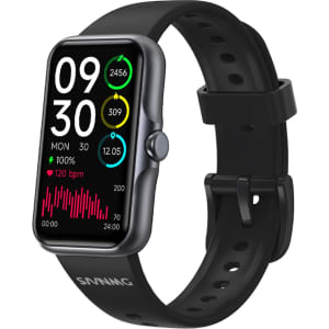 A black square smart band with a touchscreen display showing various fitness metrics. It has a branded strap.
