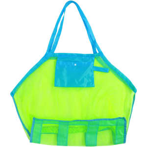 A mesh beach toy bag in bright green and blue, featuring a front pocket and straps for easy carrying.