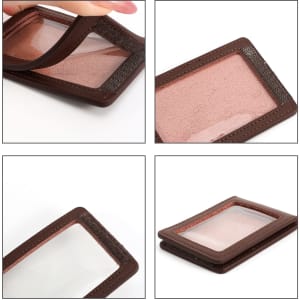 A brown PU leather ID card holder featuring transparent pockets for card display and a sleek design.