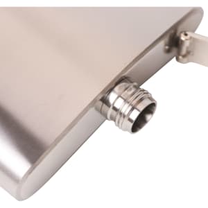 A stainless steel hip flask with a polished silver finish and a screw-on cap. It features a small logo on the side.