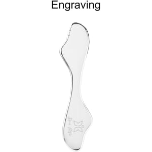 A sleek, silver massage tool with a curved shape, featuring a logo and a textured edge.