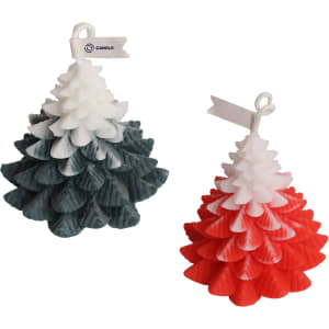 Christmas tree-shaped candles in green and red, featuring a textured design with a small tag.