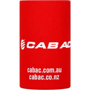 A red stubby holder featuring a logo and text, designed to keep drinks insulated.