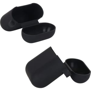 A black silicone protection case for AirPods, featuring a two-part design with an open and closed configuration.