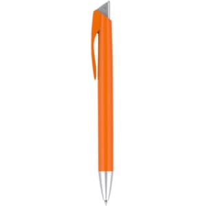 An orange plastic pen with a silver tip and a clip, featuring a logo on the barrel.