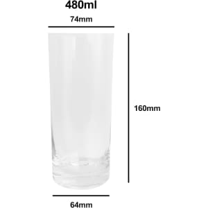 A clear, tall beer glass with a capacity of 480ml, featuring a sleek cylindrical design and a smooth finish.