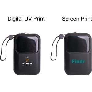 Two black portable power banks with different printing styles: one with digital UV print and the other with screen print.