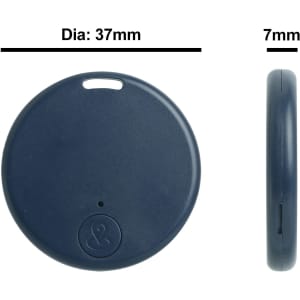 A dark blue circular anti-loss smart tag, measuring 37mm in diameter and 7mm in thickness, with a logo on one side.