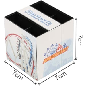 A three-panel foldable pen holder in white and black with a logo, featuring compartments for pens.