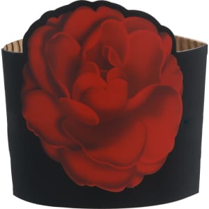 A black paper cup sleeve featuring a large red rose design, with a textured finish and a curved top.