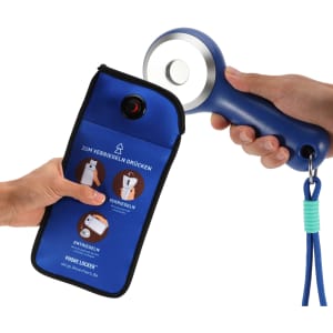 A blue lockable phone pouch with a hand demonstrating its use and a tool for securing it. Features a logo.