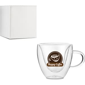 A double wall glass mug with a transparent design and a handle, accompanied by a plain white box.