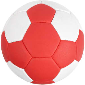 A hand-stitched handball featuring red and white panels with a logo.