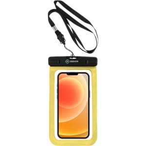 A waterproof phone bag in yellow with a black strap and a smartphone visible inside. It has a logo on the front.