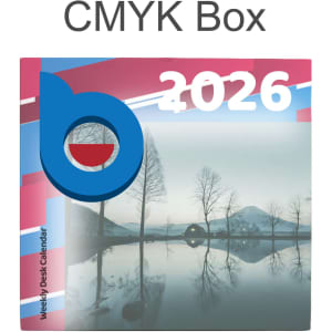 A colourful cube-shaped calendar featuring a scenic landscape image and a logo. Dominant colours include pink and blue.