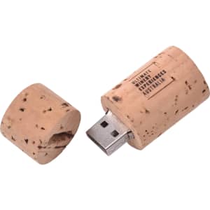 A wine cork-shaped flash drive in natural cork colour, with a removable cap and a logo on the side.