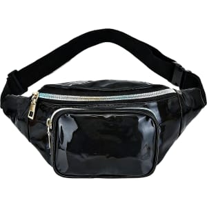 A holographic black fanny pack featuring a main compartment and a smaller front pocket, with a contrasting silver zipper.