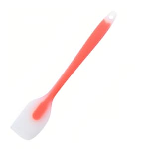 A silicone spatula with a red handle and a white head, featuring a hanging hole for easy storage.