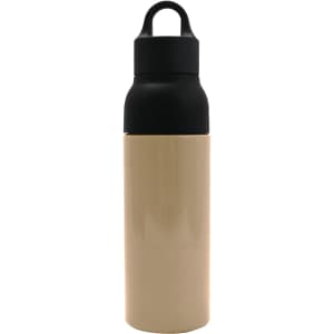 A drink bottle with a beige body and black lid, featuring a handle and a logo.