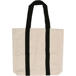 A cream canvas tote bag with black handles and a logo. Suitable for personalised designs.