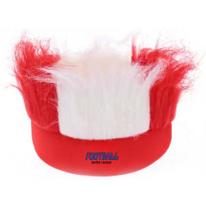 A headband wig featuring red and white faux fur, designed for sports or themed events. It has a logo on the front.