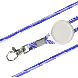 A blue and white lanyard with a retractable reel and a silver clip, featuring a round white button.