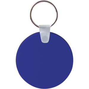 A round blue Durasoft keyring with a silver metal ring attached for easy carrying.