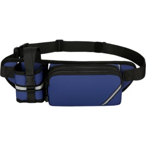 A drink bottle holder attached to a blue fanny pack with a zippered compartment and a logo.