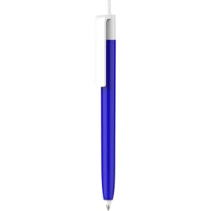 A push button pen with a blue barrel and creamy white cap, featuring a logo on the body.